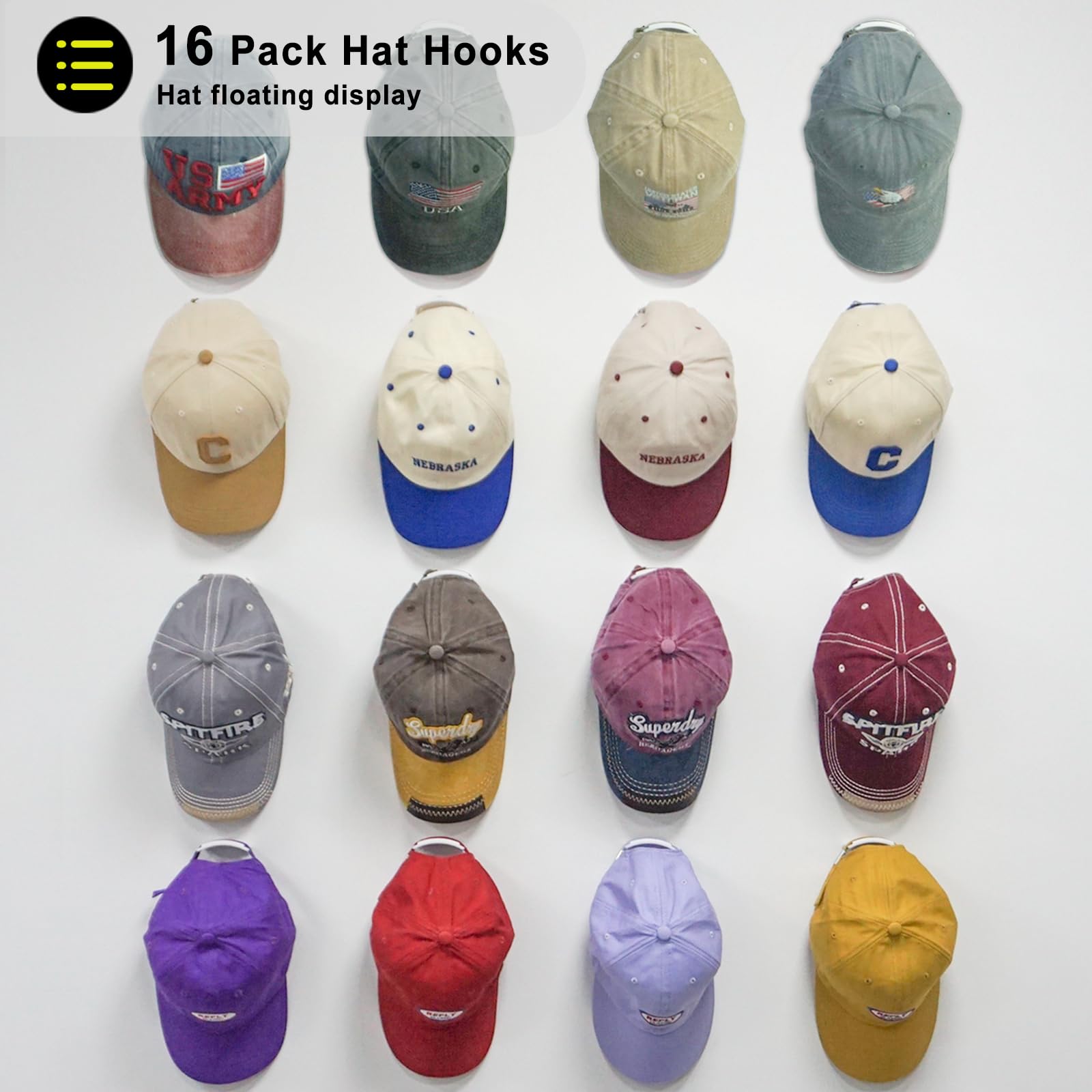 Etowifa 16 Pack Adhesive Hat Organizer Rack For Baseball Caps, Hat Hanger Floating Display For Wall, Over Door And Closet, No-Dr